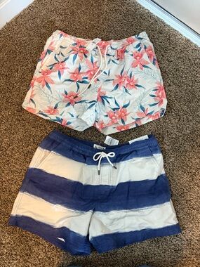 Floral Pink & Blue Swim Shorts + Blue Stripe Swim Trunks